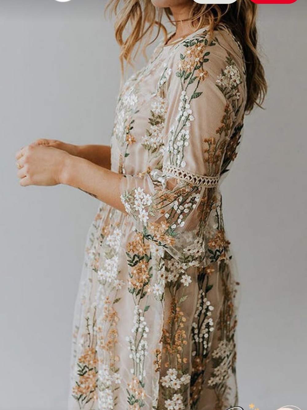 Embroidered Floral Mesh Midi Dress in Nude